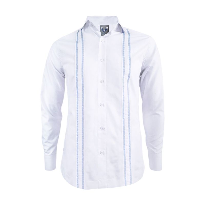 SON DOS - Camisa guayabera ocasión blanca bordada azul claro manga larga hombre
