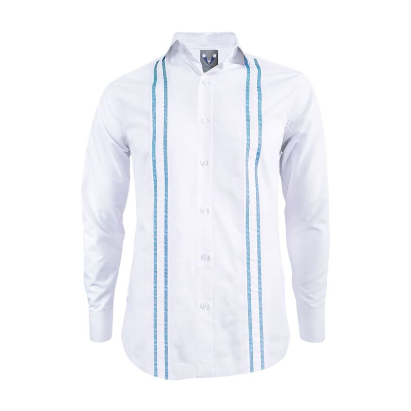 SON DOS - Camisa guayabera ocasión blanca bordada azul aguamarina manga larga