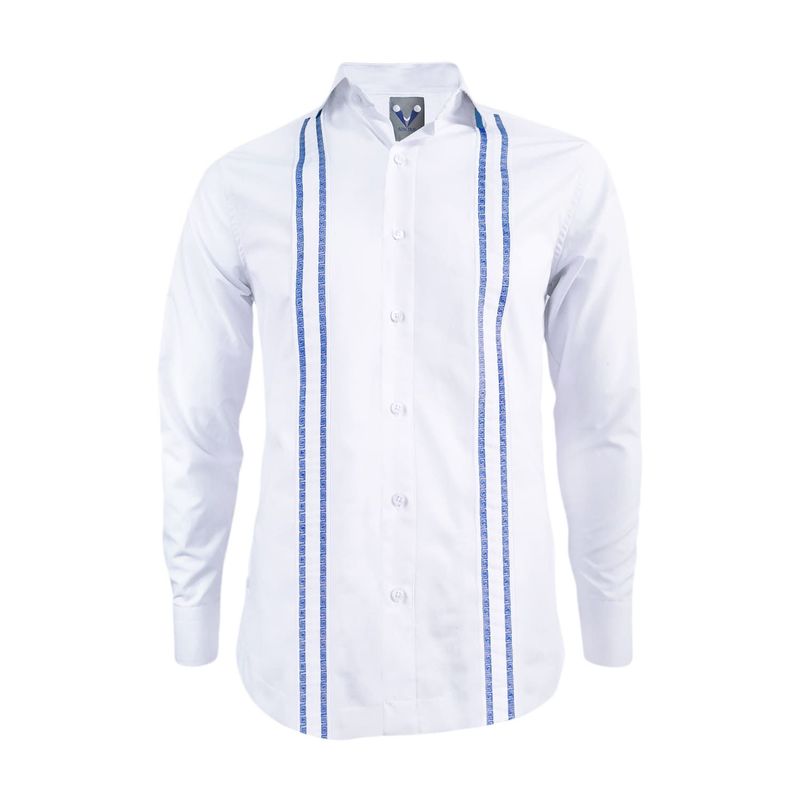 SON DOS - Camisa guayabera ocasión blanca bordada azul rey manga larga hombre