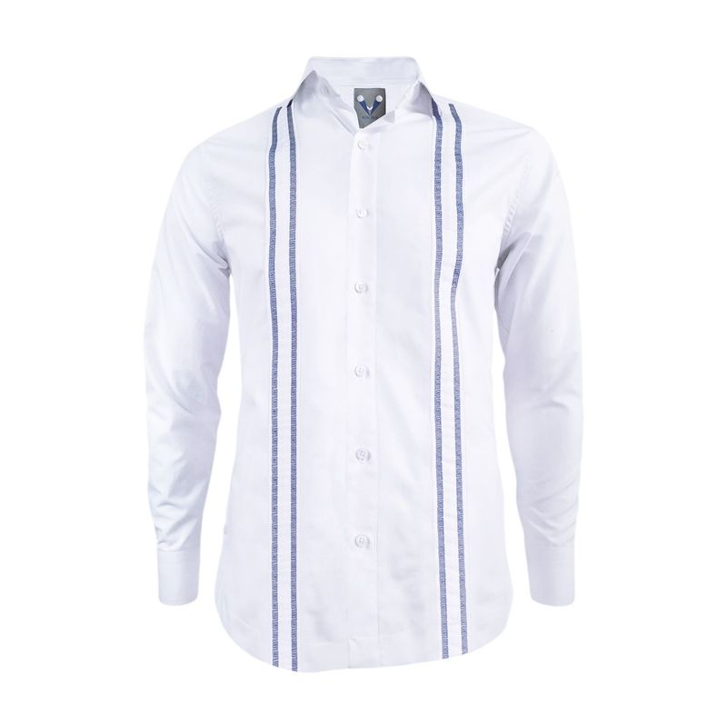 SON DOS - Camisa guayabera ocasión blanca bordada azul oscuro manga larga hombre