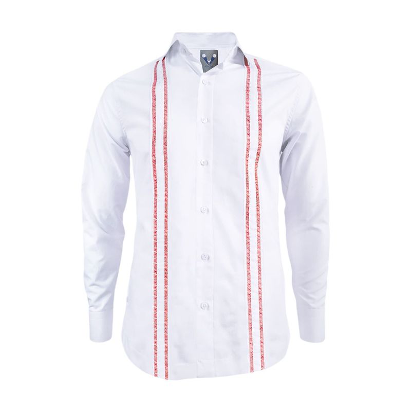 SON DOS - Camisa guayabera blanca bordada rojo también en tallas grandes hombre