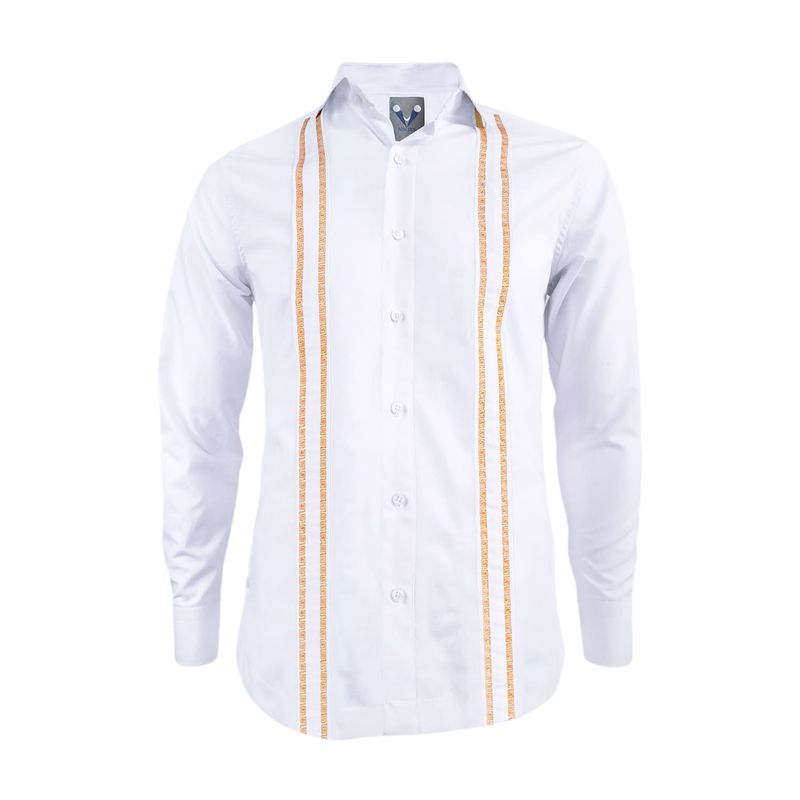 SON DOS - Camisa guayabera blanca bordada naranja sin bolsillos manga larga