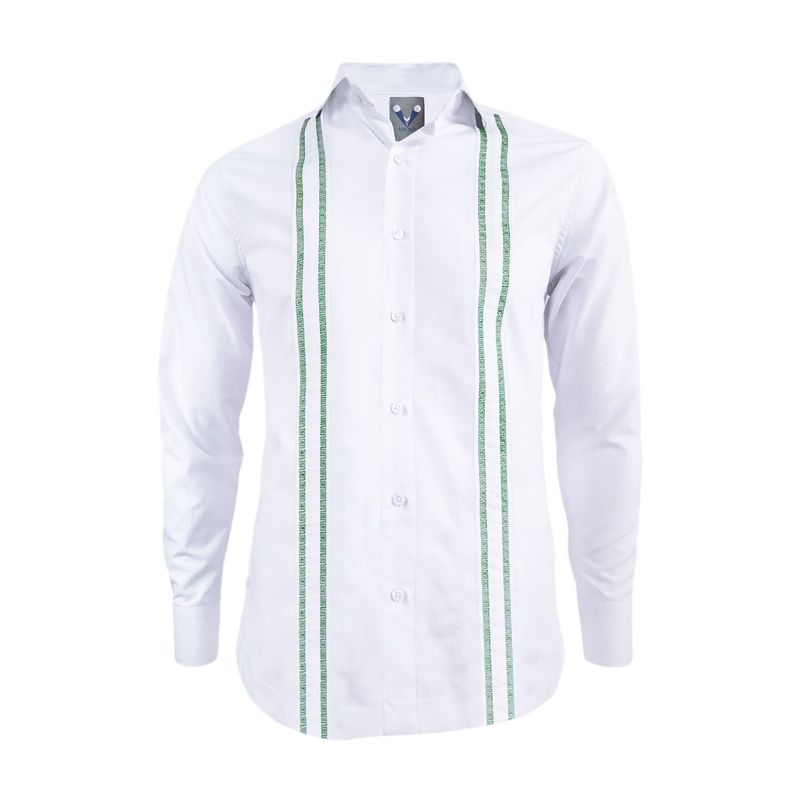 SON DOS - Camisa guayabera blanca bordada verde oscuro sin bolsillos manga larga
