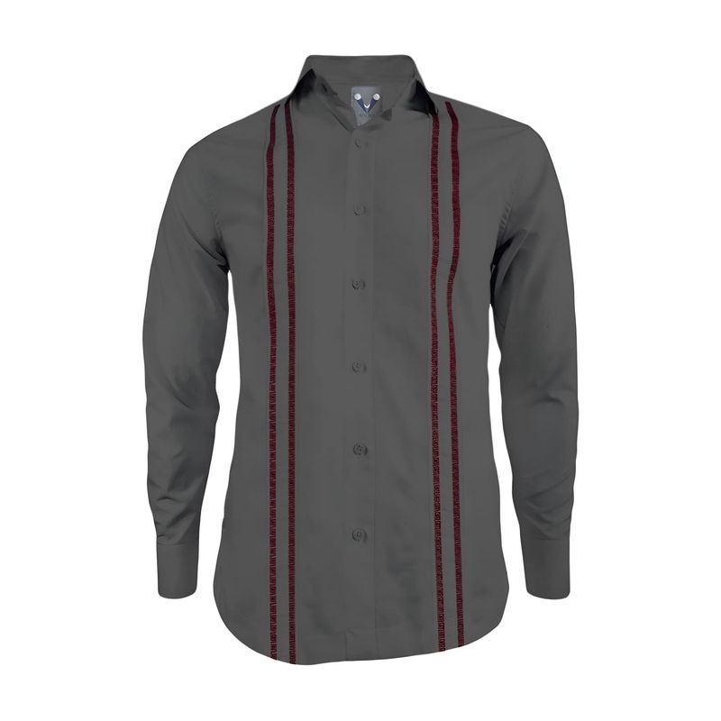 SON DOS - Camisa guayabera gris oscuro bordada sin bolsillos manga larga