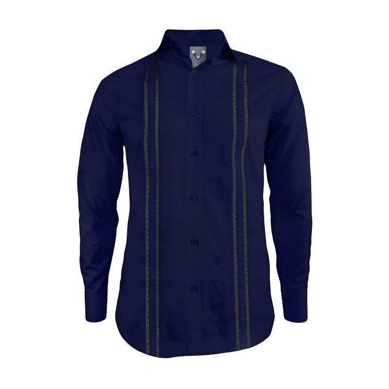 SON DOS - Camisa guayabera ocasión azul oscura bordada manga larga hombre