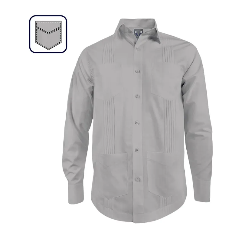 SON DOS - Camisa guayabera ocasión alforzas gris claro 4 bolsillos manga larga