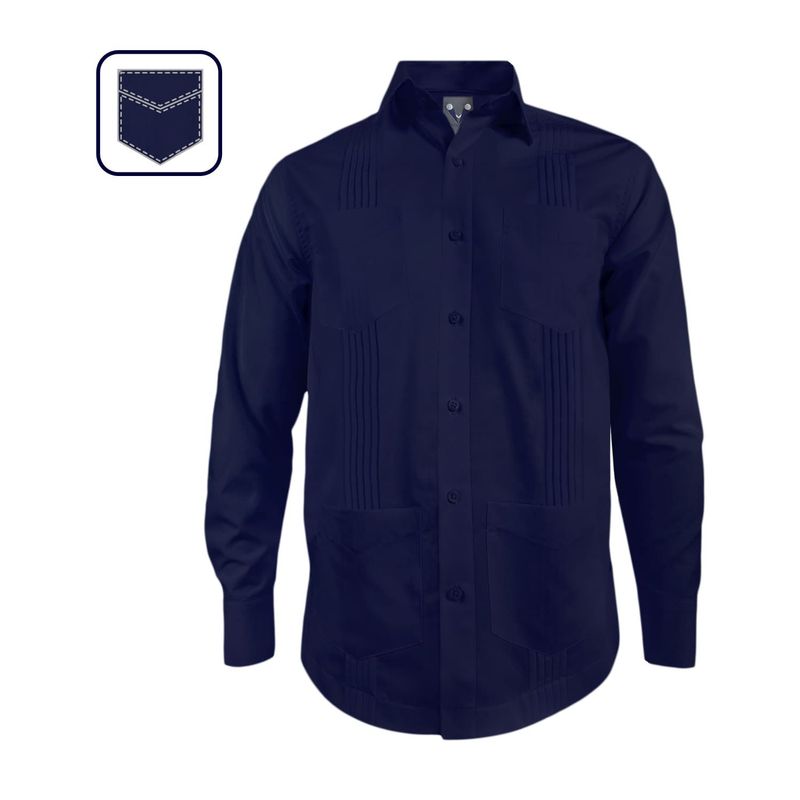 SON DOS - Camisa guayabera alforzas azul oscuro 4 bolsillos manga larga hombre