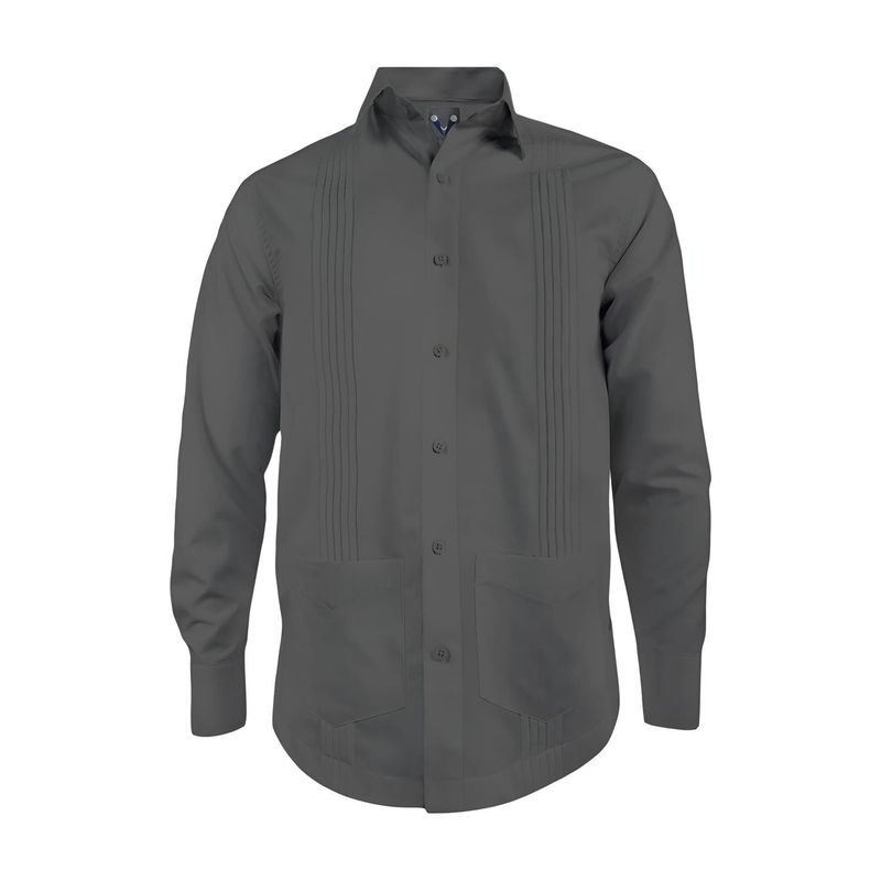 SON DOS - Camisa guayabera alforzas gris oscuro 2 bolsillos manga larga hombre