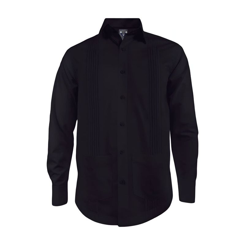 SON DOS - Camisa guayabera alforzas negra 2 bolsillos manga larga tallas grandes