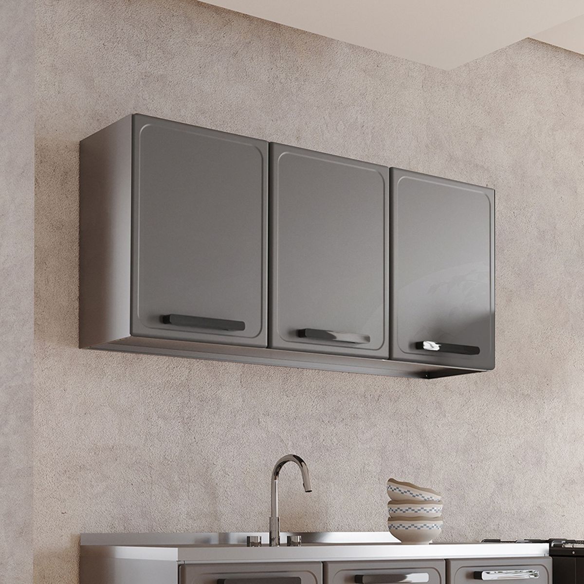 BERTOLINI - Mueble Gabinete superior de cocina 120cm en Acero 3 puertas Gris