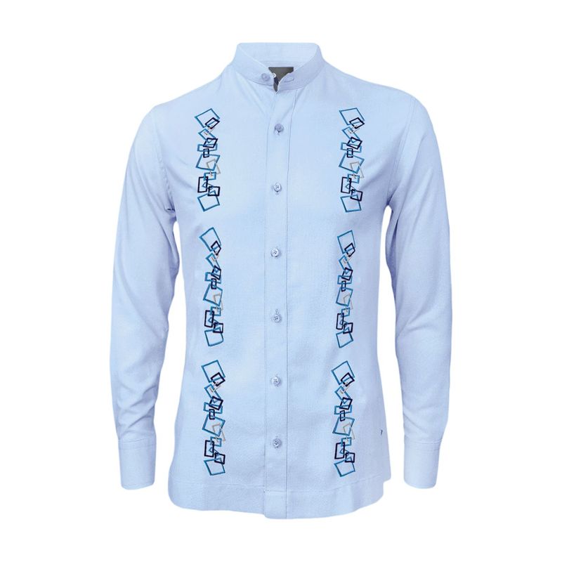 SON DOS - Camisa guayabera lino azul claro con bordado azul manga larga