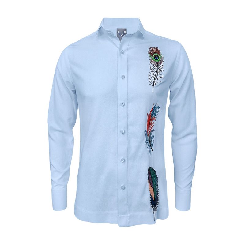 SON DOS - Camisa guayabera lino azul claro bordada plumas manga larga