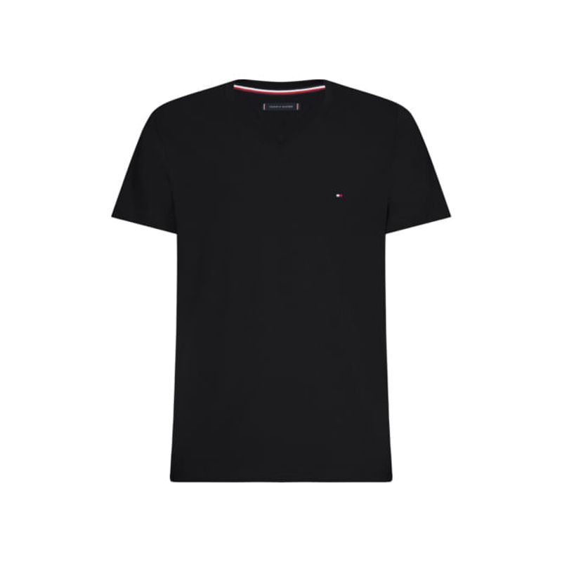 TOMMY HILFIGER - Camiseta Negra Slim Fit Cuello en V Esencial Algodón