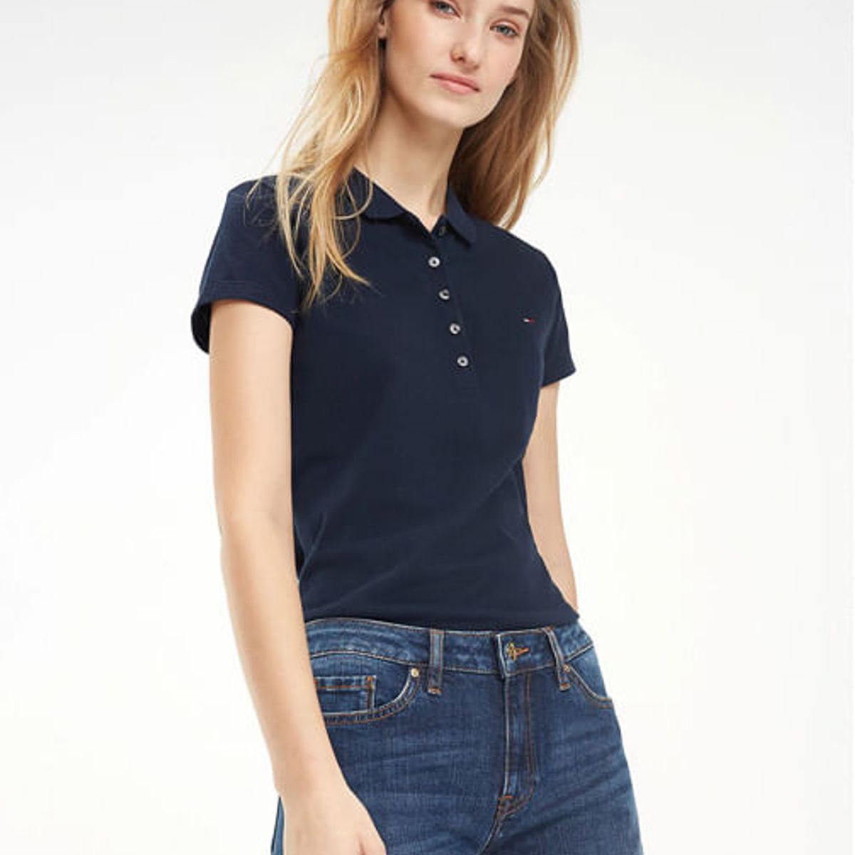 TOMMY HILFIGER - Polo Azul Oscuro Manga Corta Slim Fit Para Mujer Tommy Hilfiger