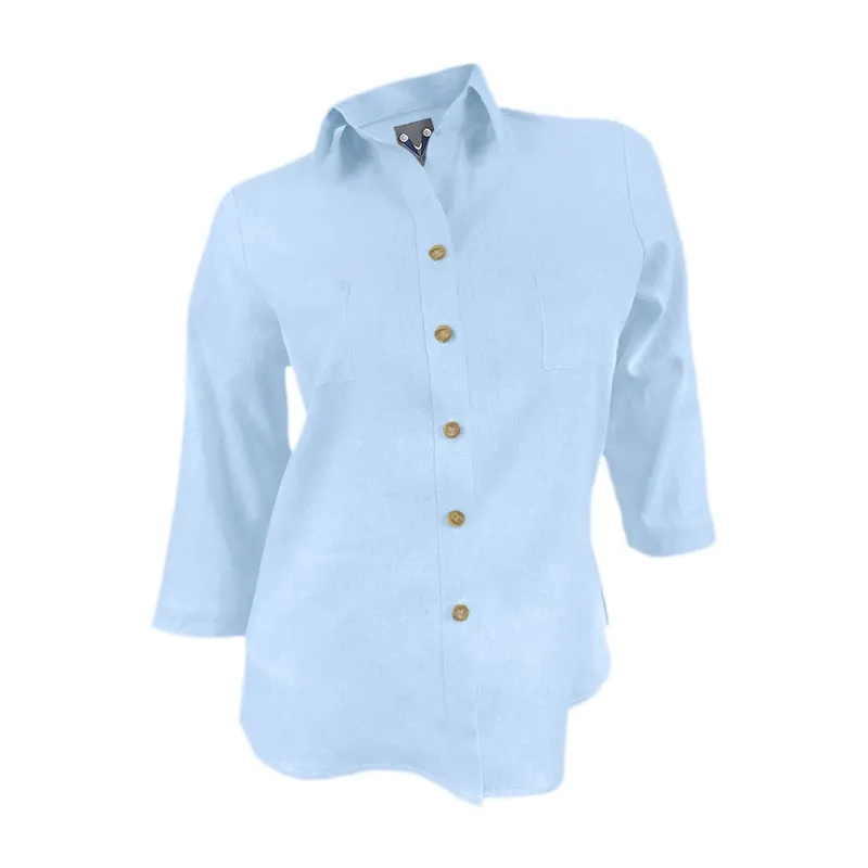 SON DOS - Camisa blusa lino azul claro con bolsillos manga tres cuartos mujer