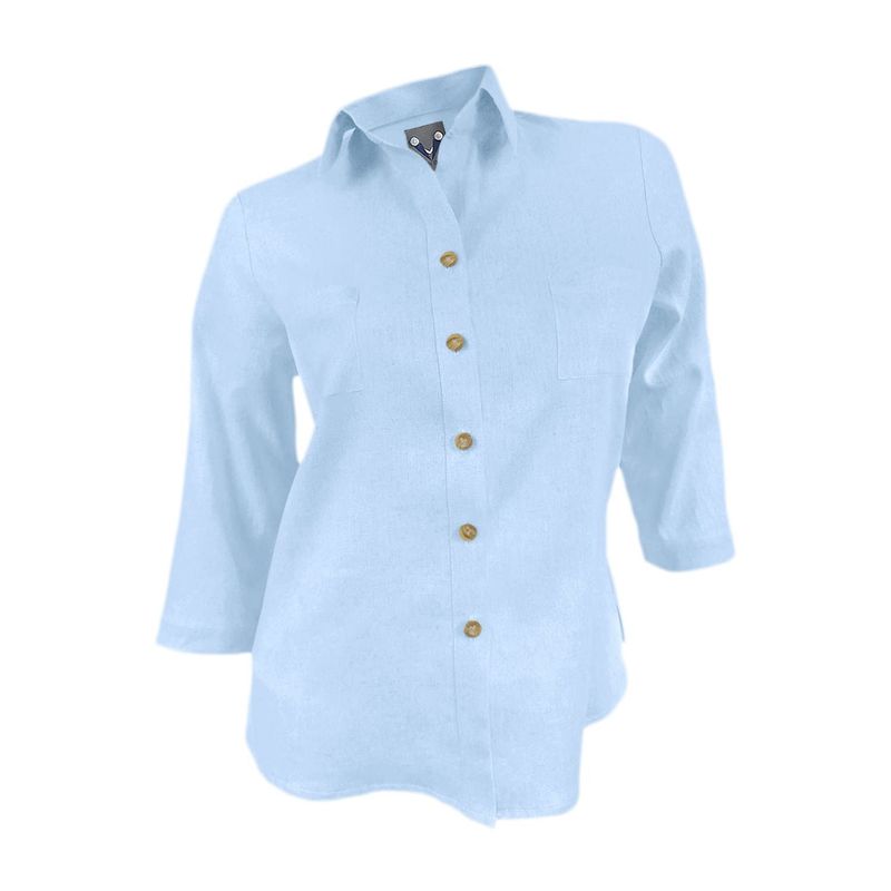 SON DOS - Camisa blusa lino azul claro con bolsillos manga tres cuartos mujer