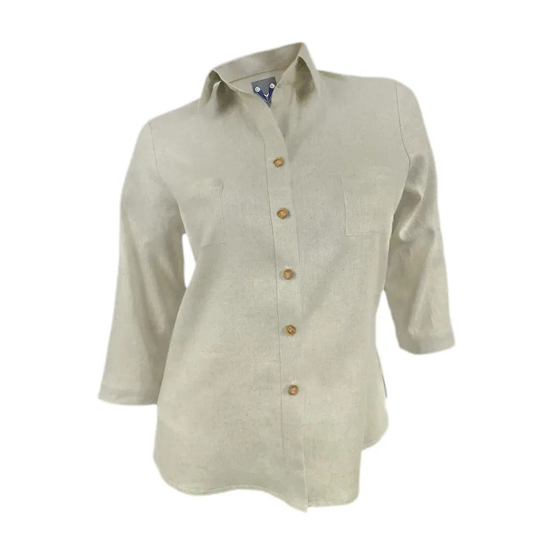 SON DOS - Camisa blusa lino beige con bolsillos manga tres cuartos mujer