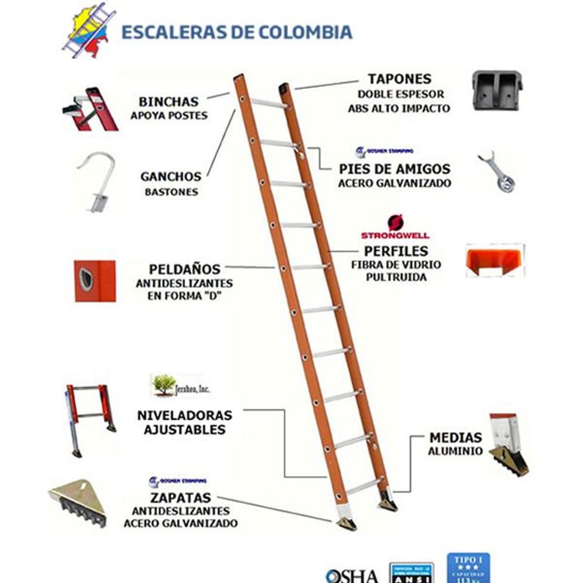 ESCALERAS DE COLOMBIA - Escalera Certificada Tipo Sencilla En Fibra De Vidrio 9 Pasos / 2.70Mts 114kg