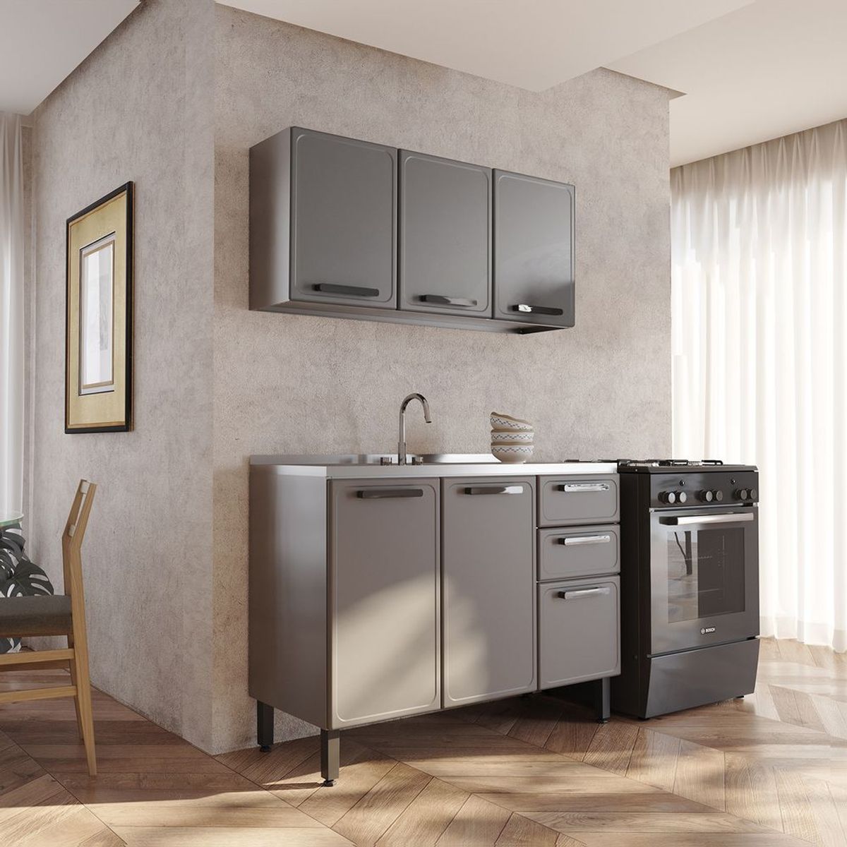 BERTOLINI - Cocina Integral de lujo en ACERO 120cm incluye lavaplatos central Gris