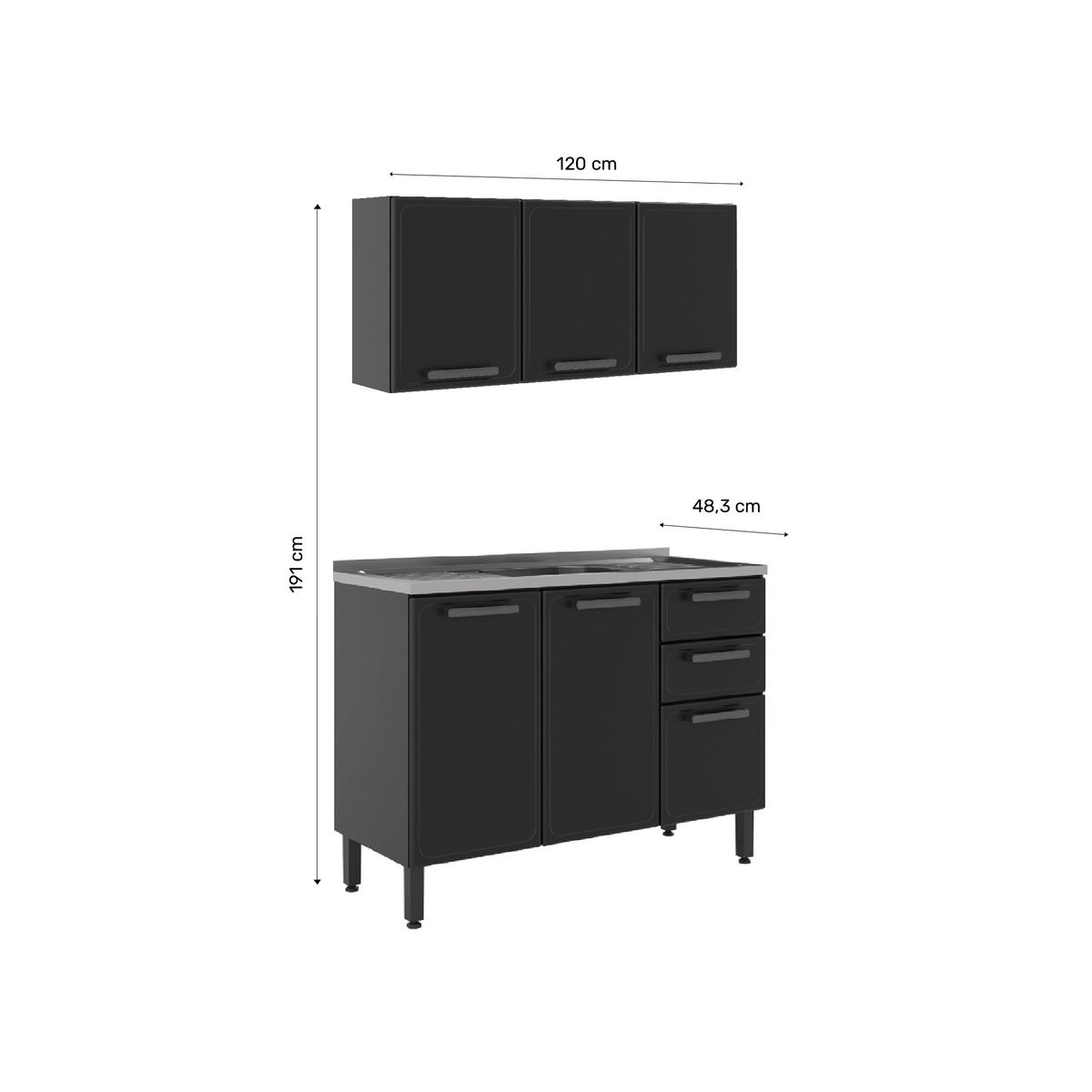 BERTOLINI - Cocina Integral de lujo en ACERO 120cm incluye lavaplatos central Gris