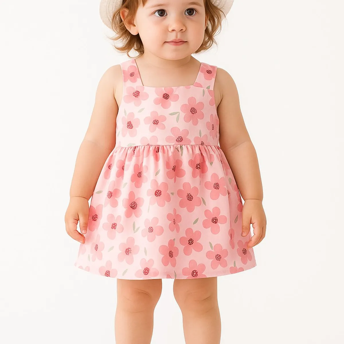 LUSOLSI - Vestido Niña Algodón + Sombrero  Suave y Fresco