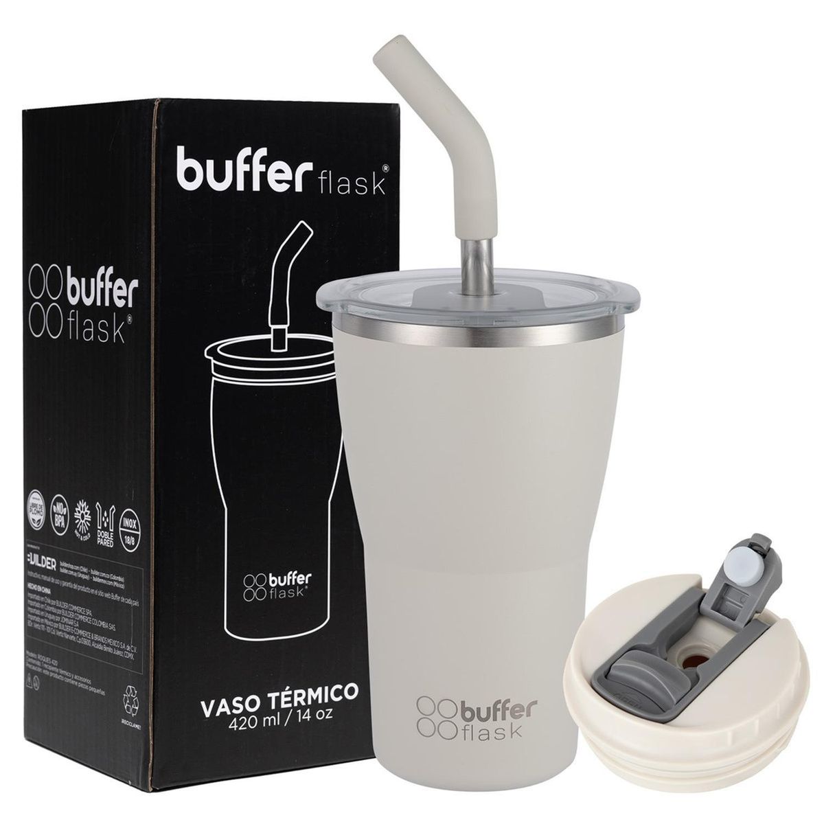 BUFFER FLASK - Mug Vaso TermoAguaCafé 400Buffer Acero Inox+Tapas - Crema-