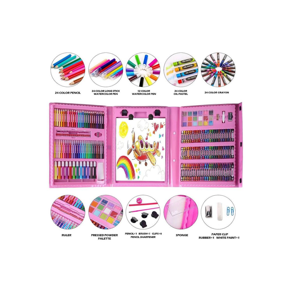 GENERICO - Set De Arte Niños 208 Piezas Dibujo Creativo Infantil Rosa