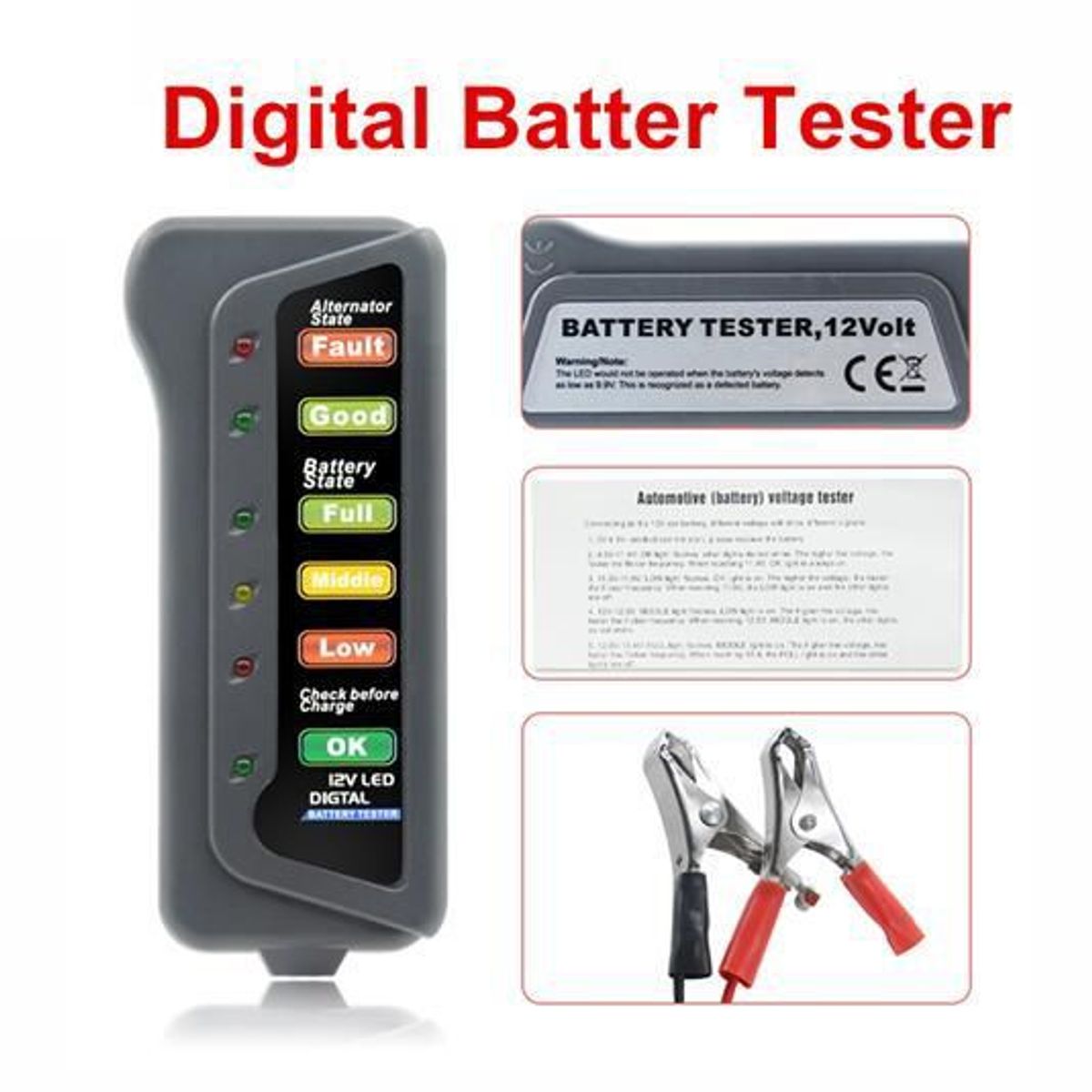 GENERICO - Tester Probador Estado De Bateria Carga Alternador De Carro