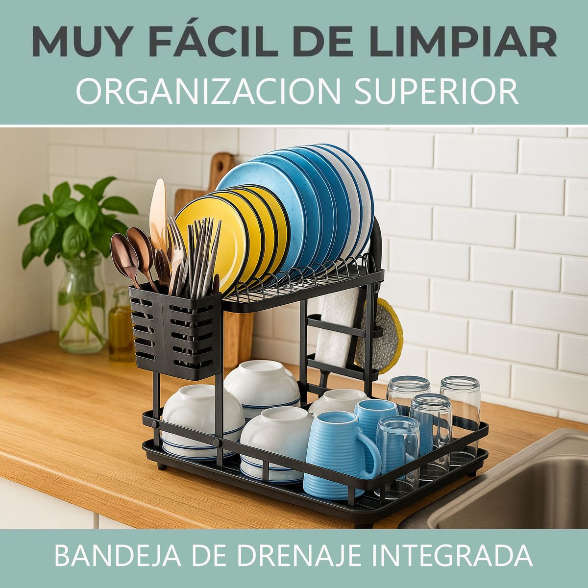 ONE PIXEL - Escurridor De Platos Metálico Con Bandeja 2 Niveles Negro ONE PIXEL