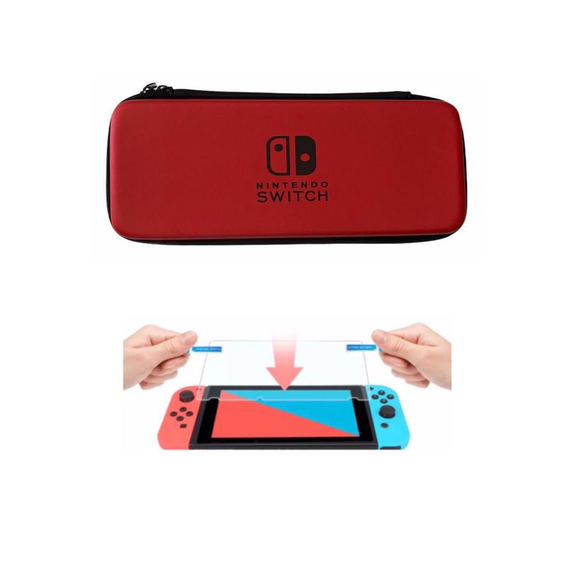 GENERICO - Estuche Rigido Rojo + Vidrio Templado Para Switch