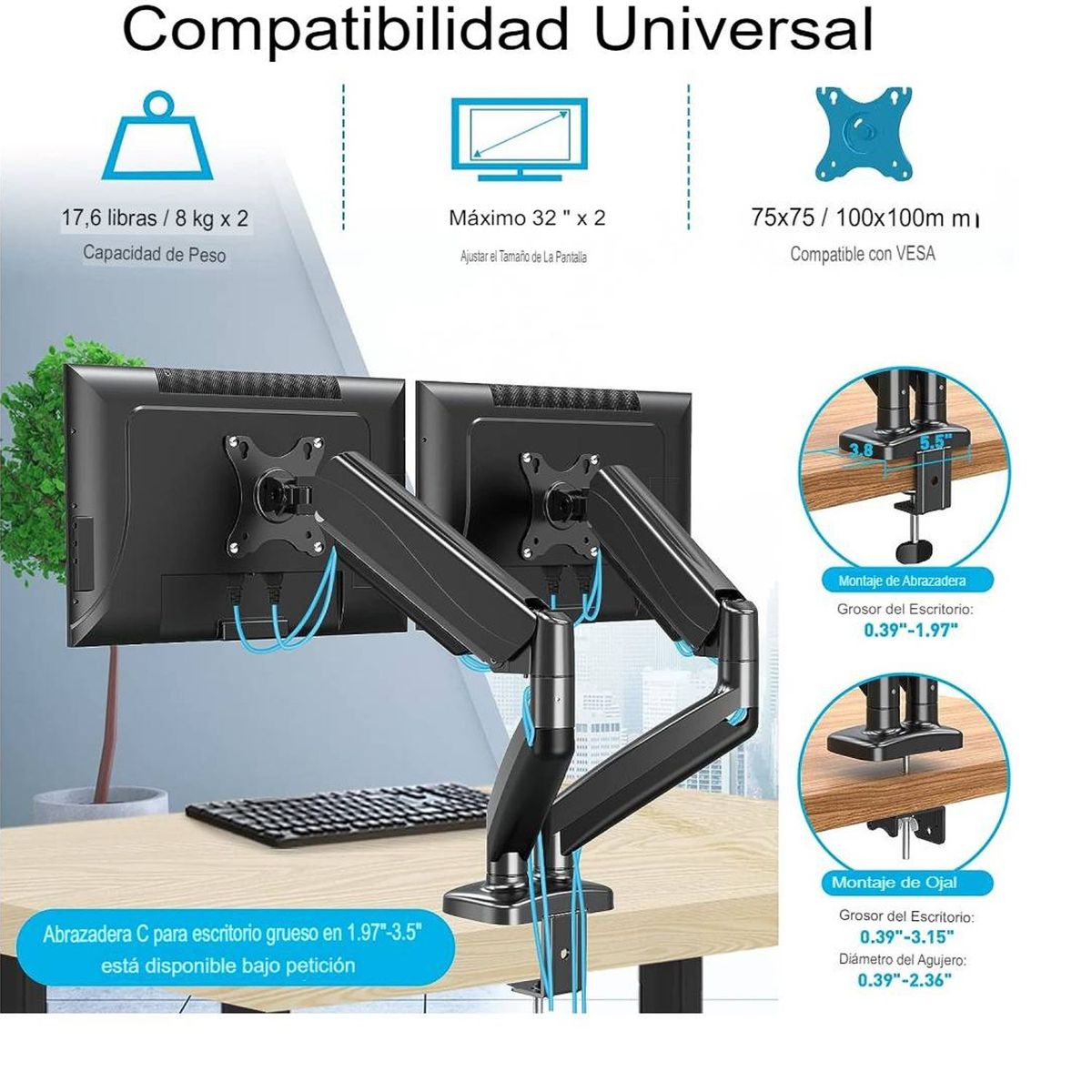 ONE PIXEL - Soporte De Monitor Doble 17 A 33inch Brazos Flexibles An-110