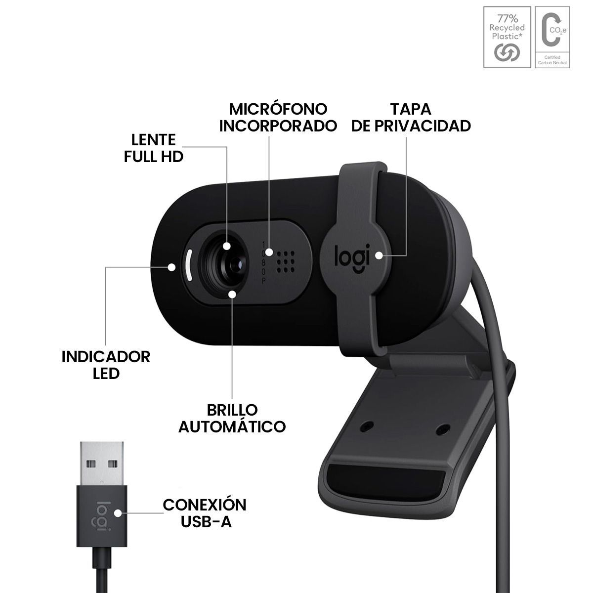 LOGITECH - Logitech Brio 100, Webcam Full Hd 1080p, Tapa / Rightlight 2