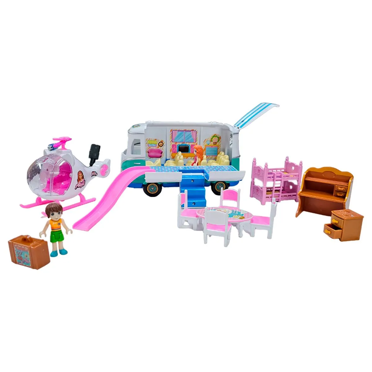 GENERICO - Bus Carro Camper Clásica  Helicóptero Set Muñecas Accesorio