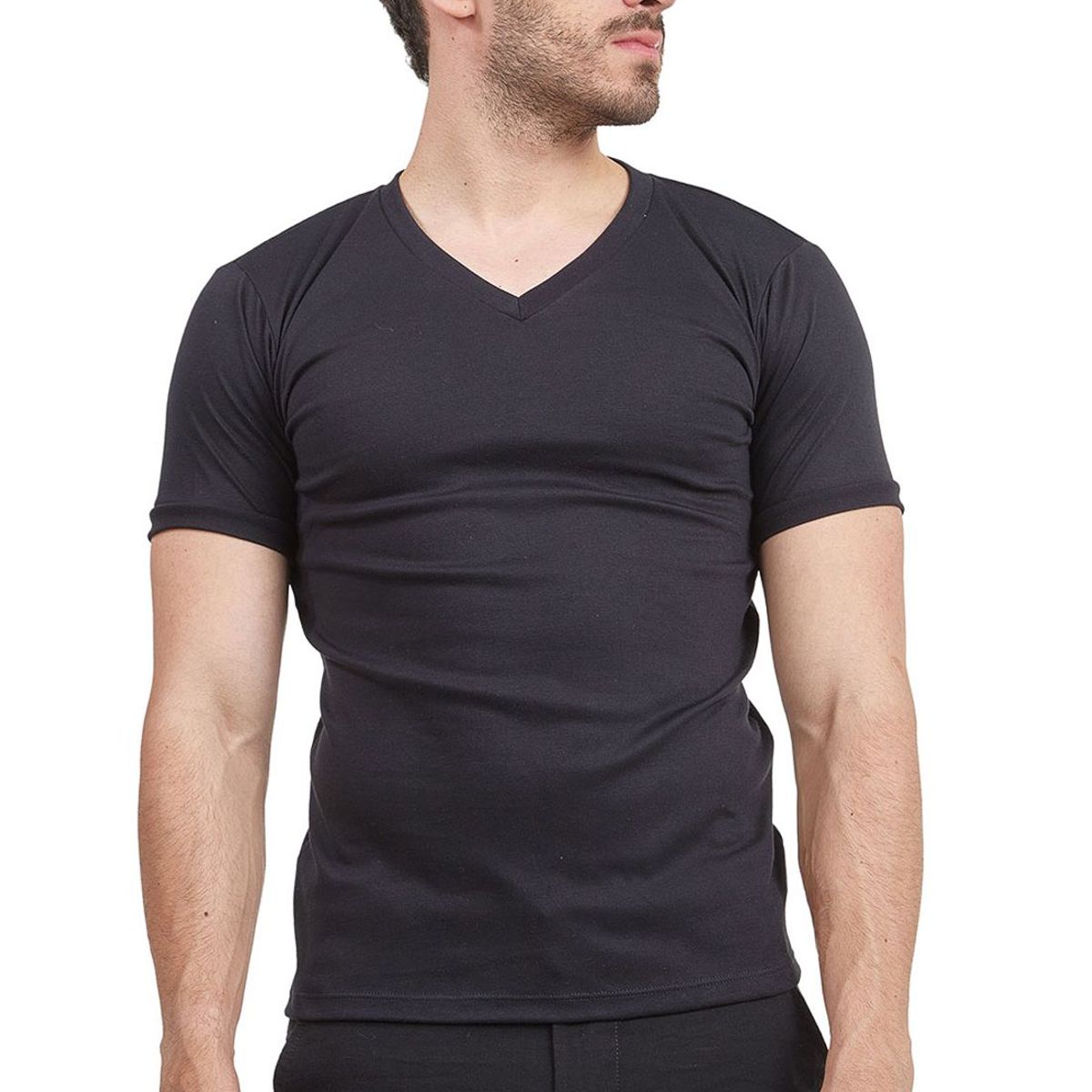 SANTANA - Camiseta Hombre Cuello en V Manga Corta Negro Santana