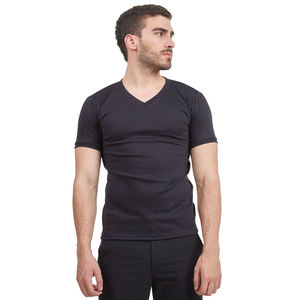 SANTANA - Camiseta Hombre Cuello en V Manga Corta Negro Santana