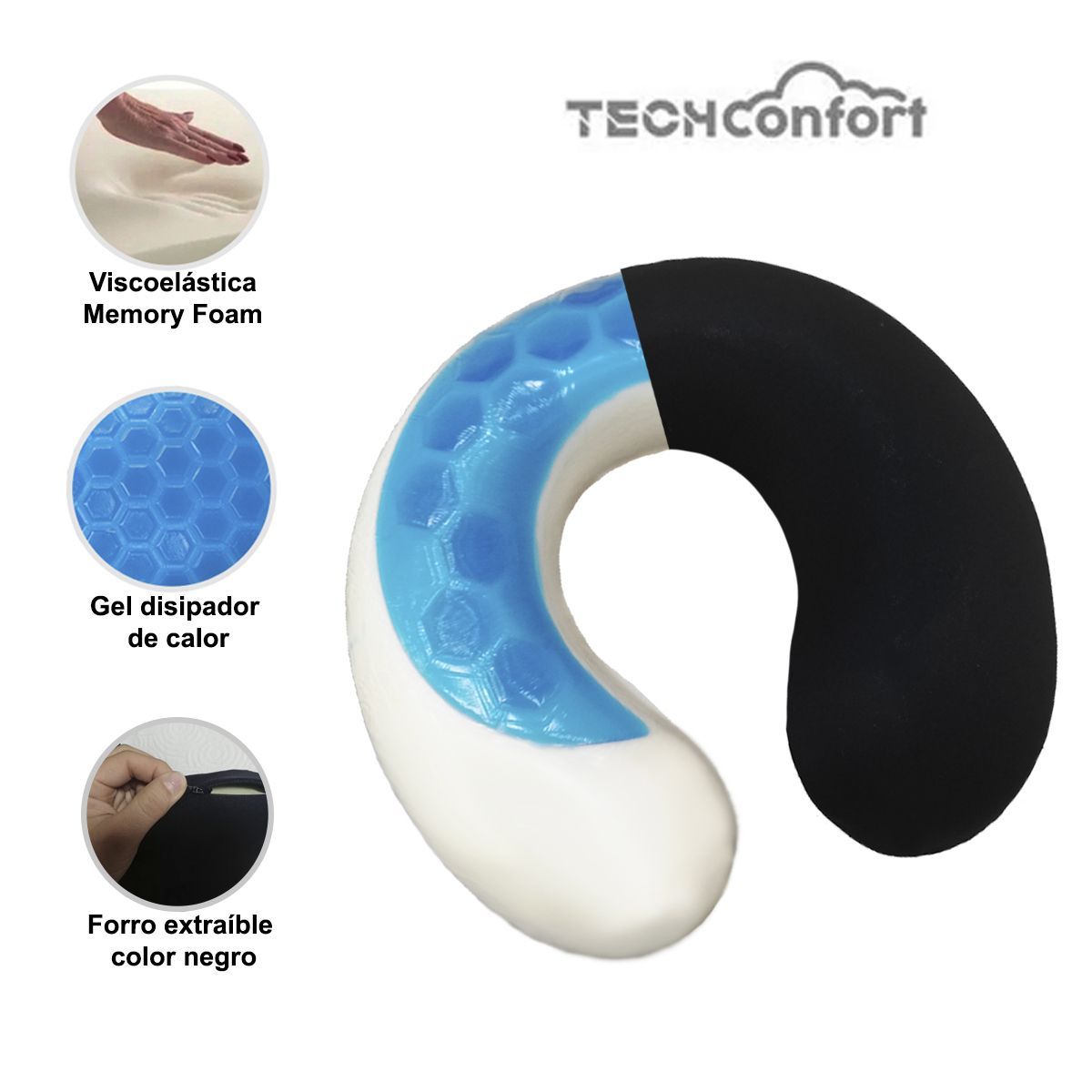 TECHCONFORT - Almohada Viajera en Gel y viscoelástica - Cojin cuello memory foam.