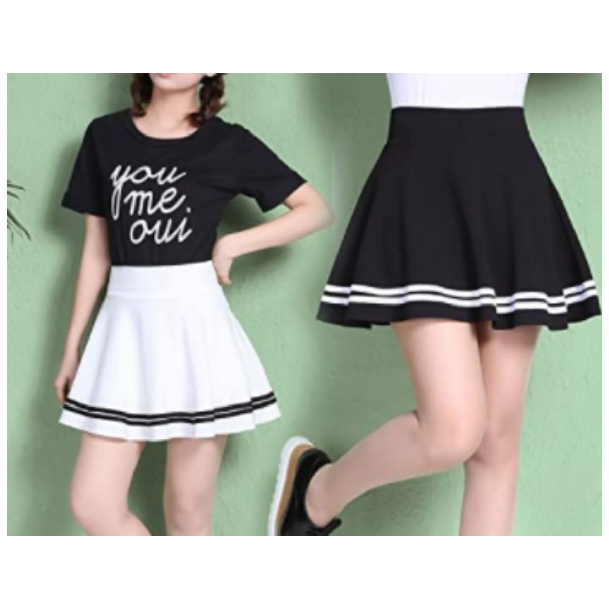 RAINBOW MODA - Falda corta mujer Negra Rotonda Mini falda con lineas