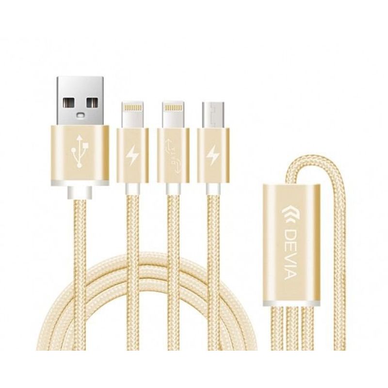 DEVIA - DEVIA Cable De Carga 3 En 1 Lightning y Micro Usb Dorado