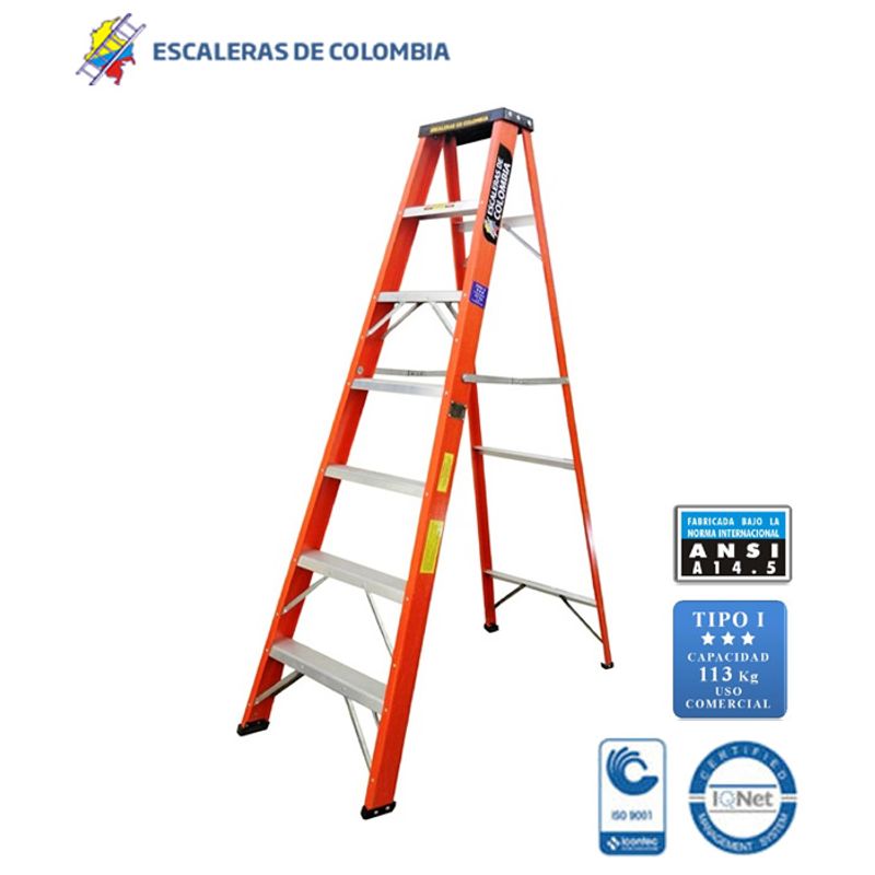 ESCALERAS DE COLOMBIA - Escalera Certificada Tipo Tijera En Fibra De Vidrio 7 Pasos / 2.10 Metros 114 kg