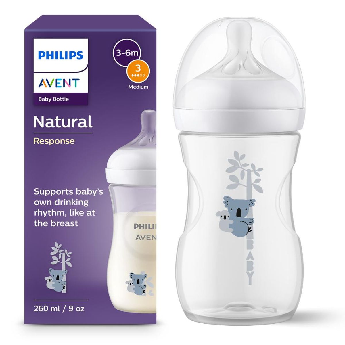 PHILIPS AVENT - Tetero Natural Response Válvula Anticólicos Koala 9oz 1m+ Flujo Medio