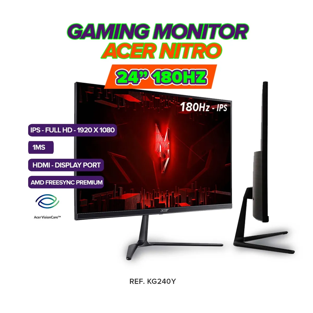 ACER - MONITOR GAMER ACER NITRO KG240Y 24” FHD IPS  180Hz  1ms  HDMI + DisplayPort