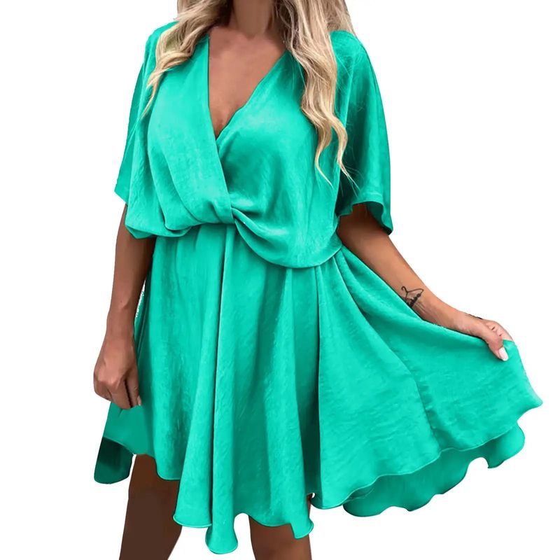 FRIOLENTA - Vestido de verano con cuello en V suelto en satín  Alma Verde