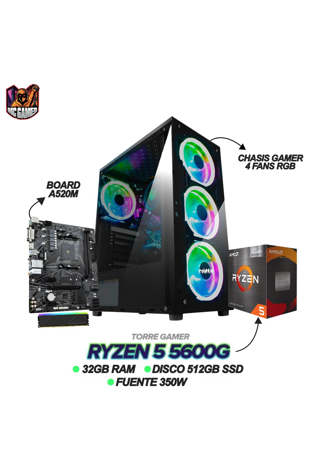 CPU R5 5600 CPU + B550M+ DDR4 32GB 3200 TORRE GAMER RYZEN 5 5600G - 32GB RAM - SSD 512GB M.2 - BOARD A520M