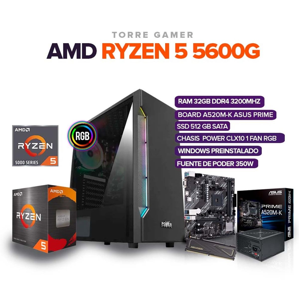 AMD - PC Gamer Ryzen 5 5600G/RAM 32GB/ SSD 512GB/350W/Board A-520M-K ASUS PRIME