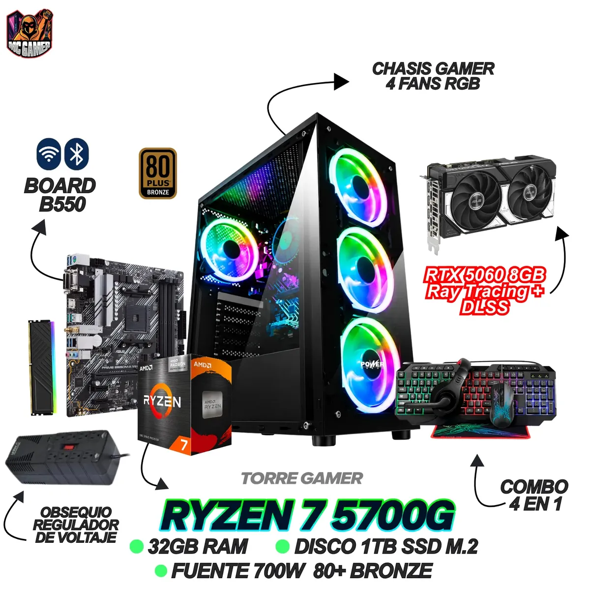 AMD - TORRE GAMING - RYZEN 7 5700G - RTX 5060 8GB - 32GB RAM - SSD 1TB - BOARD B550 - WINDOWS 11