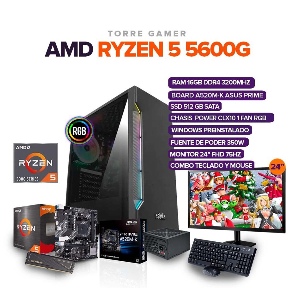 AMD - PC GAMER RYZEN 5 5600G RAM 16GB/ SSD 512GB  MONITOR 24" + COMBO TECLADO Y MOUSE