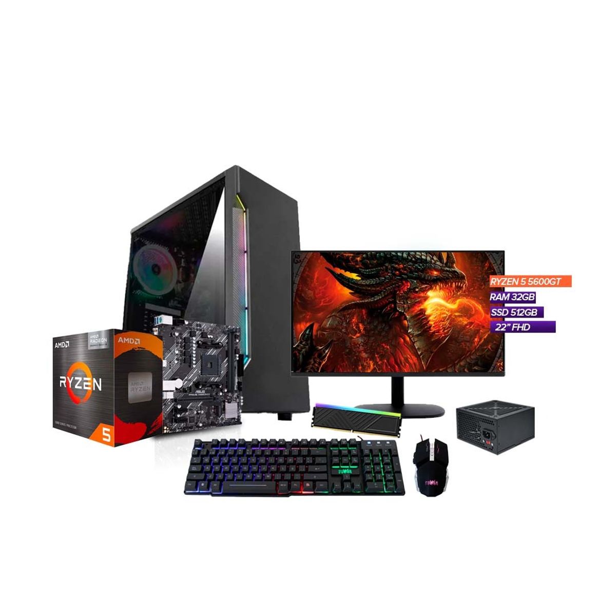 AMD - TORRE GAMER RYZEN 5 5600G/ 32GB RAM/ SSD 512GB /BOARD A520M MONITOR 22" FHD