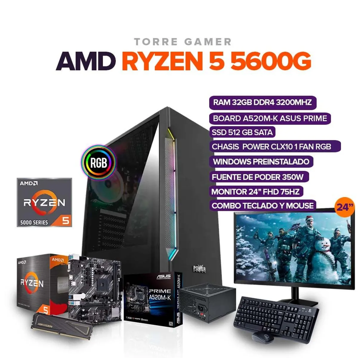 AMD - PC GAMER RYZEN 5 5600G/ 32GB RAM/ SSD 512GB  /BOARD A520M MONITOR 24" FHD