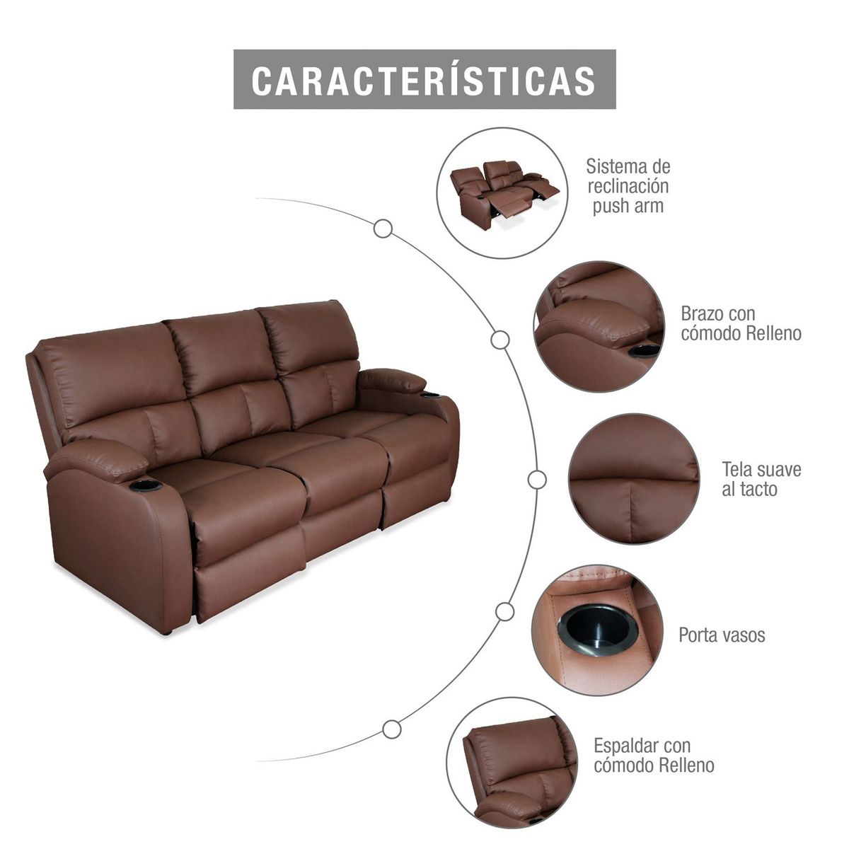 MICA - Sofá Reclinable Moderna 3 Puestos Cuerina Push Arm New Rest - Mueble - Mueble