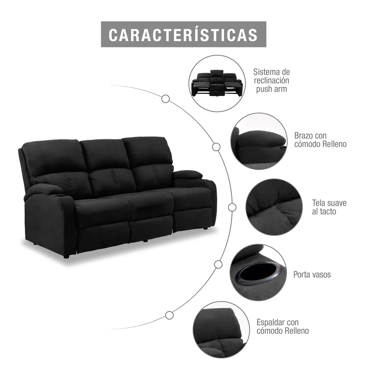 MICA - Sofá Reclinable Moderno Tela 3 Puestos Push Arm New Rest 189 x 92 x 95 cm Azul Mica - Mueble - Mueble